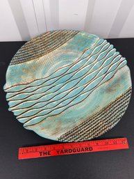 Decorative Textured Teal Blue Glass Bowl 15.5x3.25 No Chips