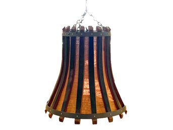 An Amazing Vintage Modern Bent Oak And Hessian Reverse Wine Barrel Chandelier - C. 1970's - YOU REMOVE