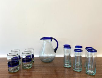 Hand Blown Bubble Glass Blue Banded Cocktail Set With Pitcher