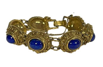 Designer Signed Gold Tone Link Bracelet W Blue Cabochon Glass Stones GOLDETTE NYC