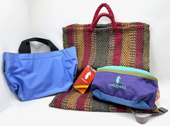 3 New Bags: Harve Chapelier Tote Bag, New With Tags Cotopaxi Fanny Pack & Woven Mexican Straw Bag