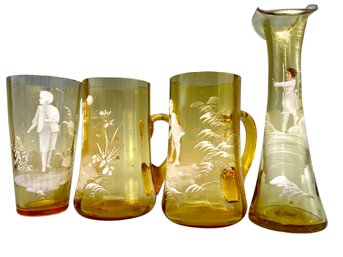 19th Century , Mary Gregory 4 Pieces Hand Decorated Amber Glass Lot.  4.5' To 6' Tall