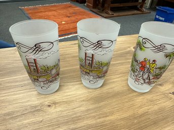 Set If 3 Vintage Currier & Ives Frosted Drinking Glasses