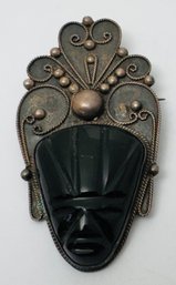 VINTAGE MEXICAN STERLING SILVER CARVED ONYX MASK BROOCH