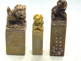 3 Vintage Chinese Carved Soapstone Foo Dog Seals