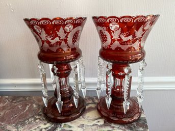 Extraordinary Antique Ruby To Clear Hand-Etched Czech Egermann Crystal Mantle Lusters