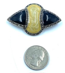 Silvertone Brooch With Black And Pearlescent Off White Design