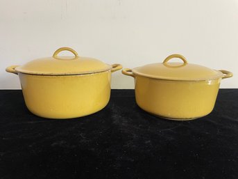 Pair Of Vintage Descoware Belgium Enamel Cast Iron Cook Pots With Lids
