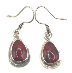 Beautiful Vintage Mexican Sterling Silver Deep Red Inlay Stone Earrings