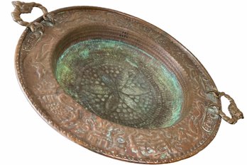 Vintage Oversized Handled Hammered Copper Basin With Perfect Patina