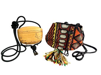 Bohemian Style Purse Duo - Beaded And Wood Carved