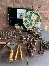 An Assortment Of Bar Ware - Cork Screws, Bottle Openers, Trays, Etc.