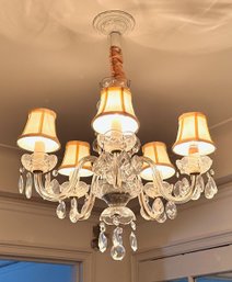 Vintage Chandelier With 5 Shades & Crystal Drops