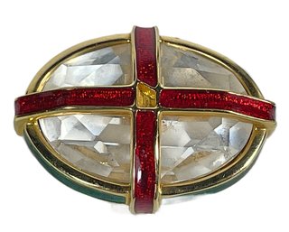 Signed Swarovski Crystal And Enamel Oval Brooch Large Crystal