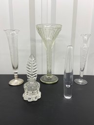 Glass Bud Vases: Sterling Base Floral Etch, Signed Orrefors, Cut & Ribbed Glass, Ink Well W/leaf Stopper