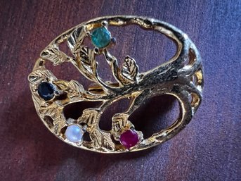 Gemstone Embellished Gilded Tree Brooch Pin