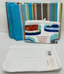 7 New Calvin Klein Chevron Napkins, New Crate & Barrel St. Tropez Picnic Blanket & San Francisco Dish Towel