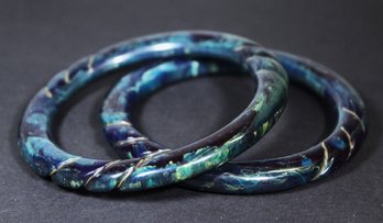 Two Rare Blue Marbleized Bakelite Bangle Bracelets