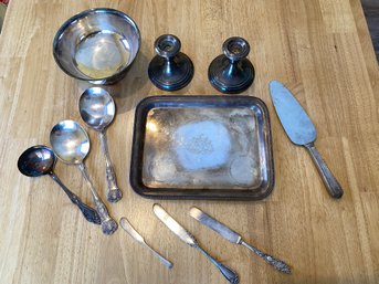 Silver Plate Lot Tray With Family Creat Candlesticks Serving Utensils