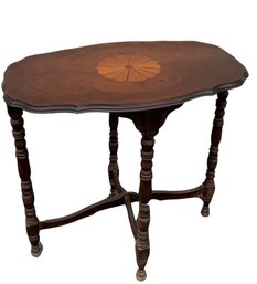 Antique 1910  Edwardian Style Stacked Spool Walnut Wood Side Table With Inlay