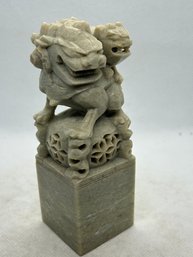 Vintage Chinese Marble Foo Dog Seal With Pierced Mystery Ball