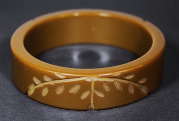 Wider Vintage Caramel Colored Carved Bakelite Plastic Bangle Bracelet