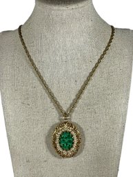 Vintage Gold Tone Faux Jade Pendant On Gold Tone Chain