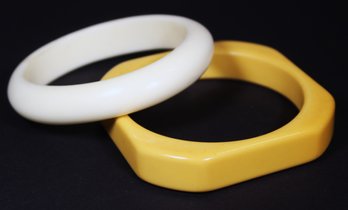 Two Vintage 1960s Plastic Bangle Bracelets White And Butter Yellow