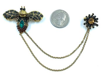 Rhinestone Encrusted Insect Swag 2 Pin Brooch