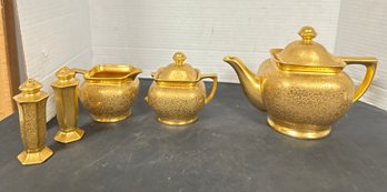 Wheeler Decorating Tea Set 5 Piece Gold Ransom Tea Pot, Salt & Pepper Shakers, Creamer & Sugar Bowl     JRU/A3