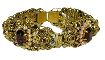 Great Vintafge Gold Tone Gilt Brass And Glass Faix Pearl Link Bracleet 1920s