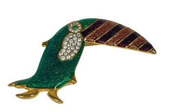 Vintage Enamel And Rhinestone Gold Tone Toucan Bird Brooch