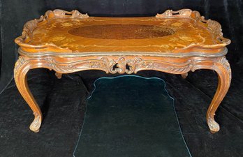 Ornate Carved Wood Cocktail Table With Form Cut Glass Top Insert