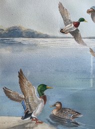 Vtg Framed Watercolor Mallard Duck Pond Painting-by Alice L. Belejack