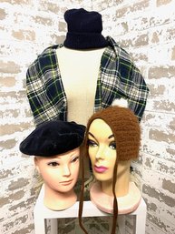 Trio Of Winter Hats And Classic Wool Tartan Scarf