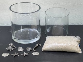 Glass Cylindrical Vase With Glass Insert And Beach Themed Vase Filler