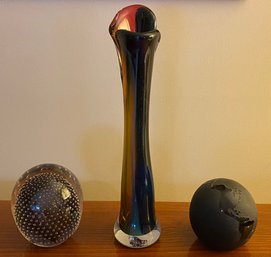 Blown Glass Vase And 2 Paper Weights