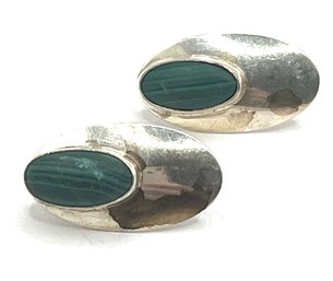 Vintage Sterling Silver Malachite Oval Earrings