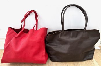 2 Large Leather Handbags: Bottega Veneta, Italy (1980s) & Custom Made Red Leather Made In Celine Factory