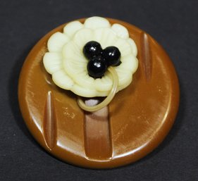 Poorly Restored Pink Back Bakelite Round Brooch Made From Button