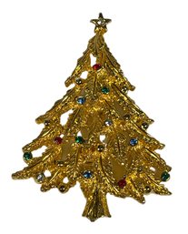 Vintage Gold Tone Christmas Tree Rhinestone Beooch