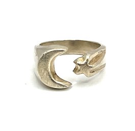 Vintage Mexican Solid Sterling Silver Moon And Star Wrap Ring, Size 9