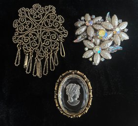 VTG Lot Of 3  Brooches/pins - Crystal Faceted Etched Cameo, Goldtone Filigree, AB & Faux Pearl Floral