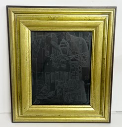 Framed Signed Etched Glass Art Piece
