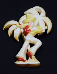 Vintage 1930s To 40s Plastic Brooch Palm Trees And Guitar Player