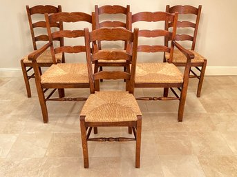 Set Of 6 Oak Dining Chairs With Rush Seats And 2 Sets Of Cushions