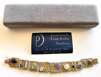 Vintage Diana Prianto 18K Gold & Sterling Silver Bracelet With Natural Stones: Pearl, Opal, Amethyst & More