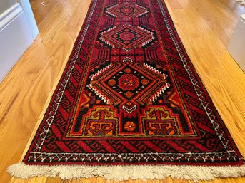 Oriental Style Fringed Wool Runner With Aztec Design