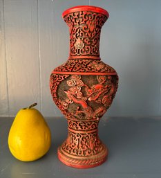 Signed Carved Cinnabar? Vase With Dragon Motif