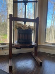 Antique Repurposed Wood And Iron Wine Press With Faux Floral Arrangement